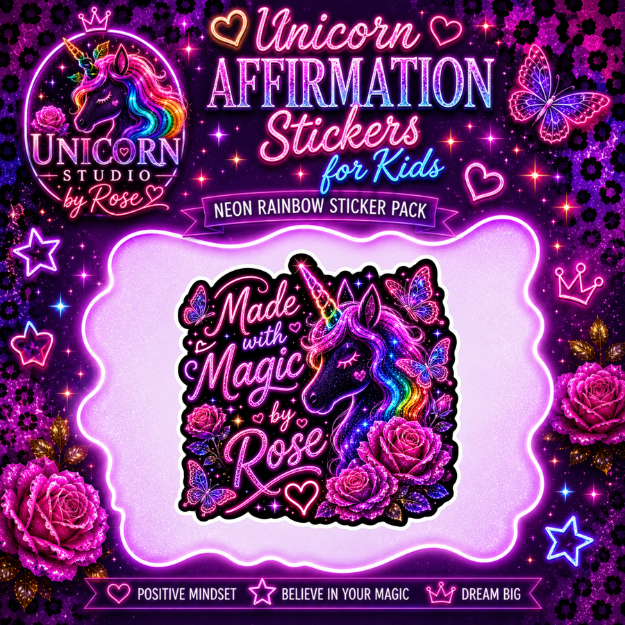 Unicorn Affirmation Stickers for Kids Vinyl Sticker Pack showing unicorn affirmation stickers for kids artwork with inspirational stickers for girls, motivational stickers for