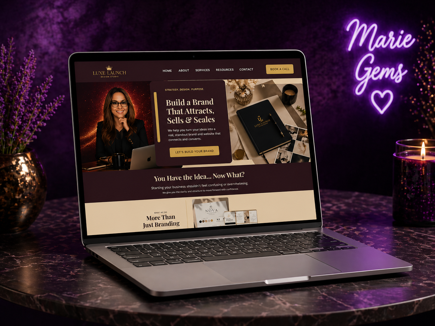 Marie Gems Code Craft Create homepage image featuring custom branding, website design, digital business design, and a purple creative workspace aesthetic