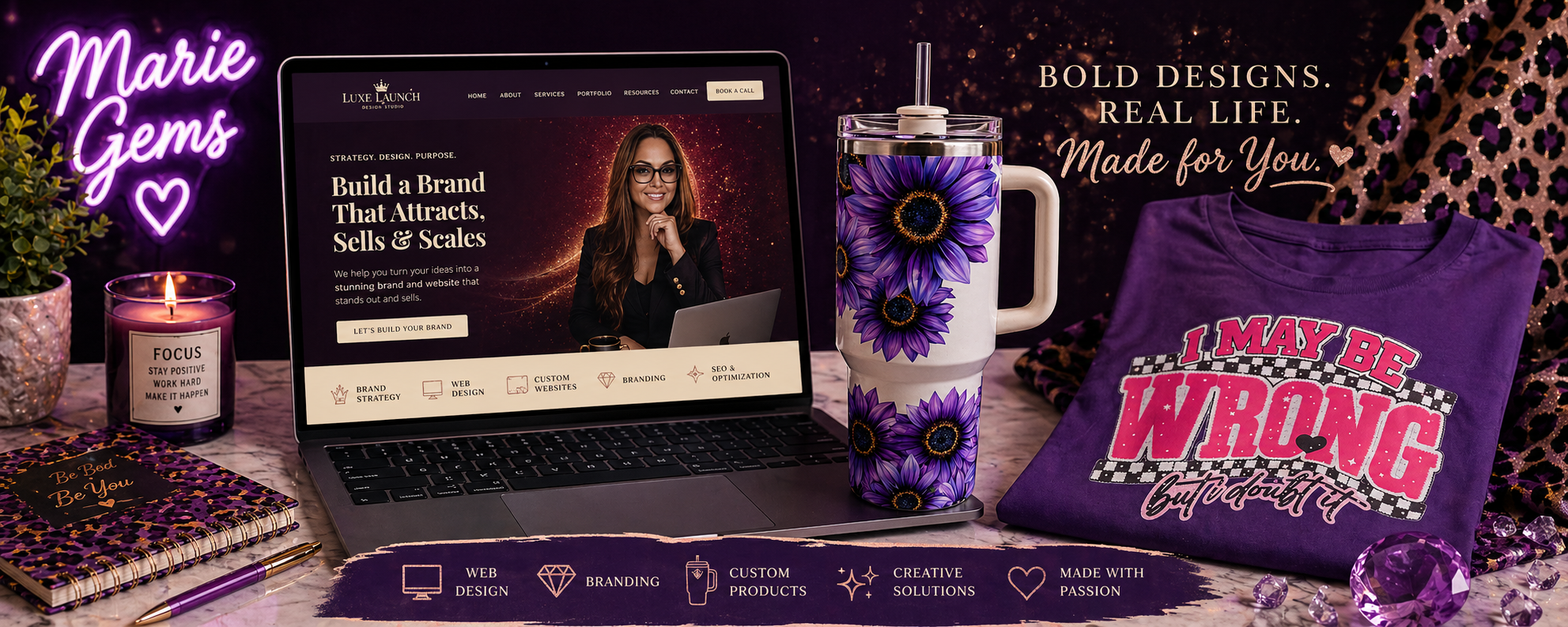 Marie Gems homepage banner featuring custom tumblers, graphic t-shirts, Shopify web design, and small business branding with signature purple and cheetah print aesthetic