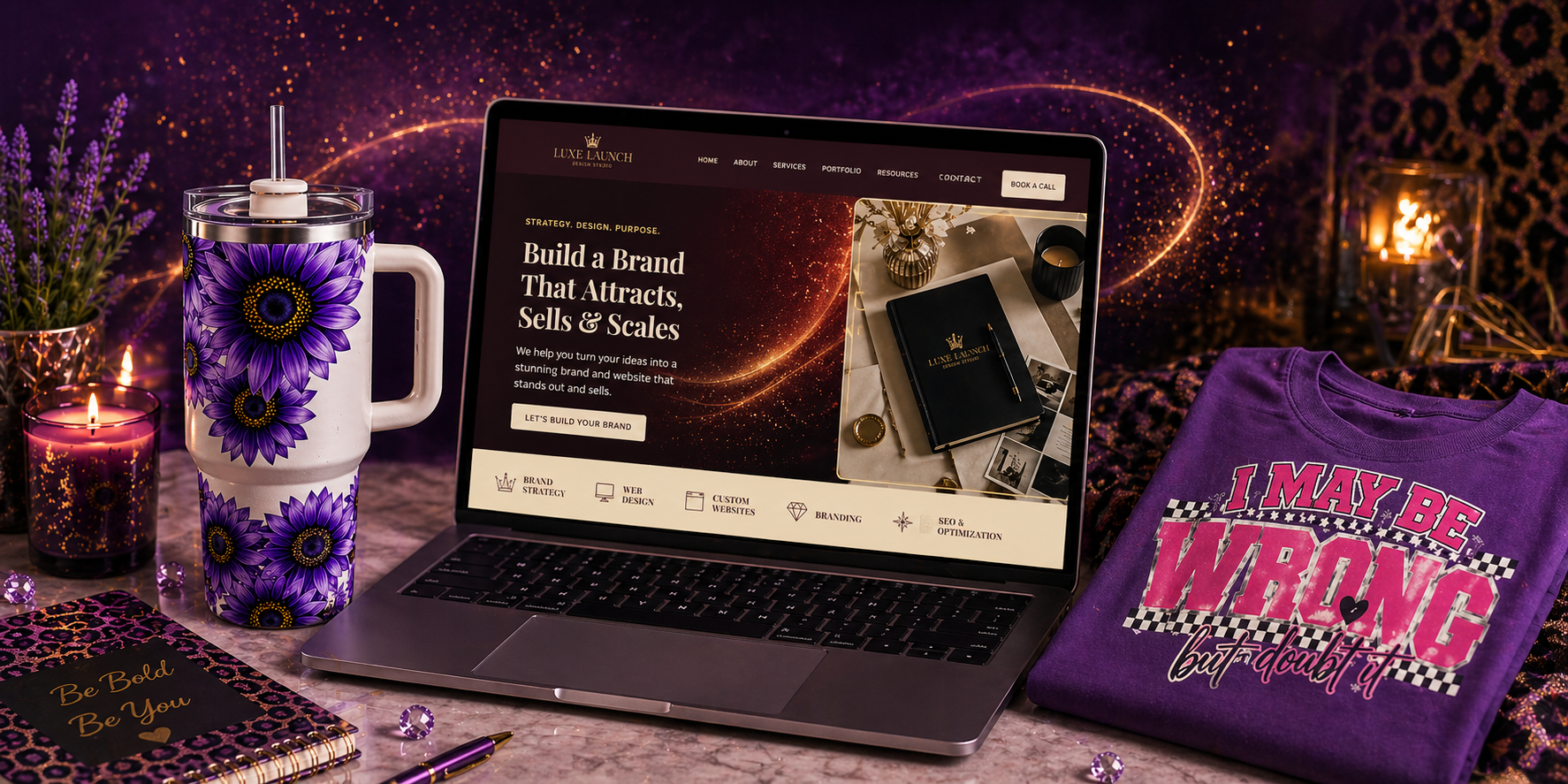 Marie Gems homepage banner featuring custom sublimation tumblers, graphic t-shirts, handmade gifts, and small business branding inspiration with purple aesthetic and cozy workspace setup