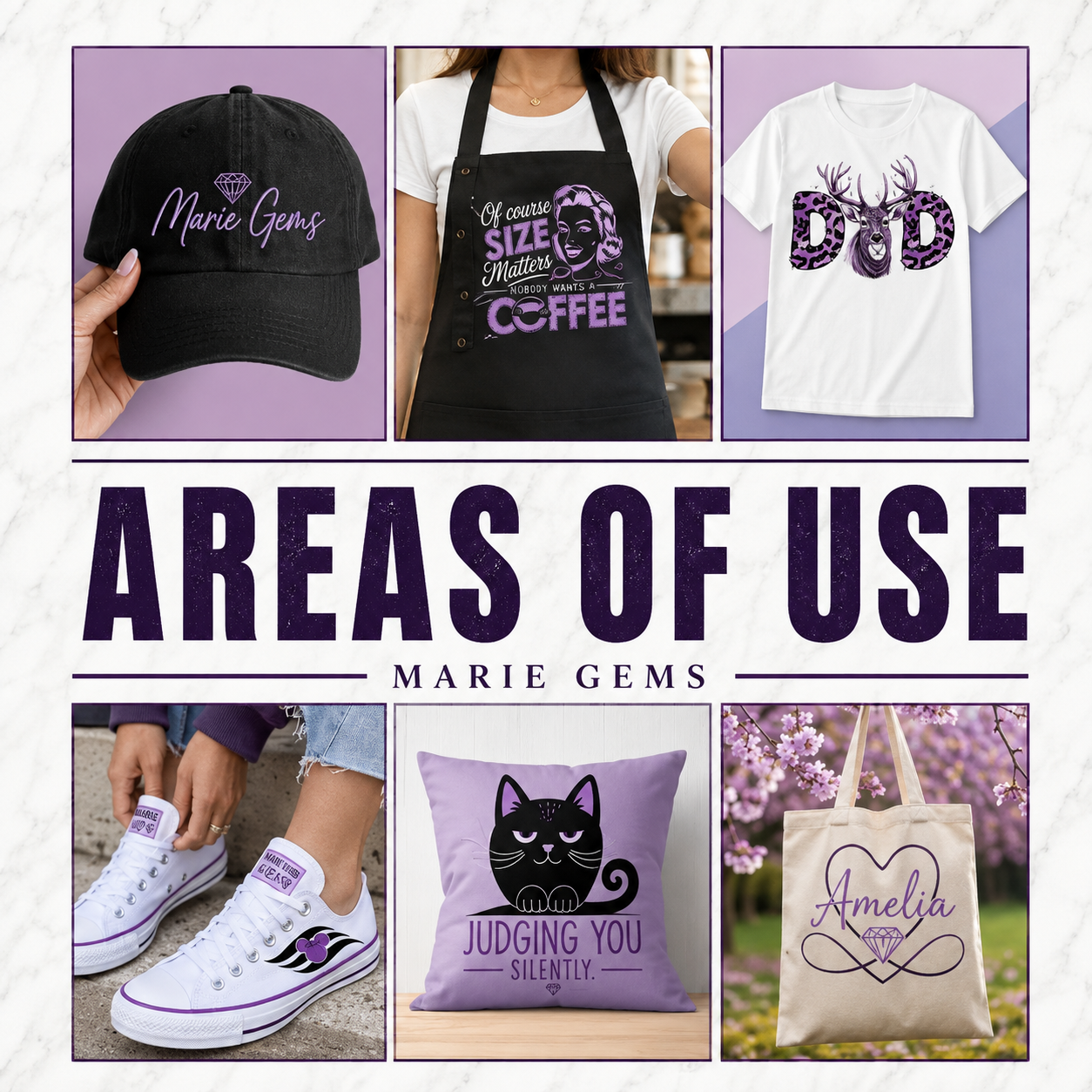 Marie Gems DTF transfer areas of use guide for shirts, hoodies, tote bags and compatible fabric projects