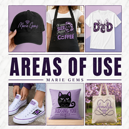 Marie Gems DTF transfer areas of use guide for shirts, hoodies, tote bags and compatible fabric projects