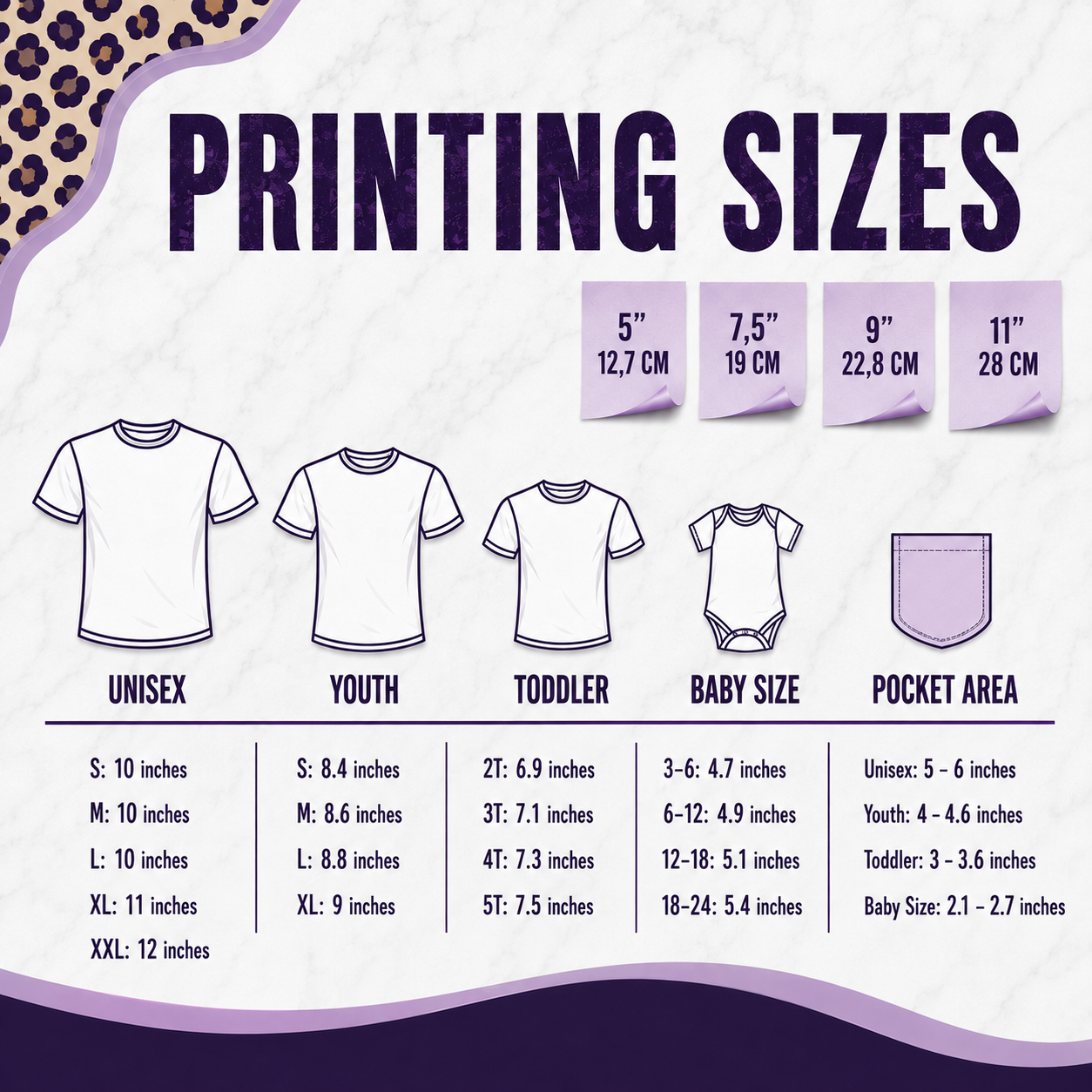 Marie Gems DTF transfer printing size guide for choosing artwork dimensions