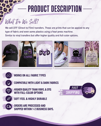 Marie Gems ready-to-press DTF transfer product details and features