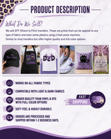 Ready-to-press DTF transfer product details, fabric compatibility and shipping information