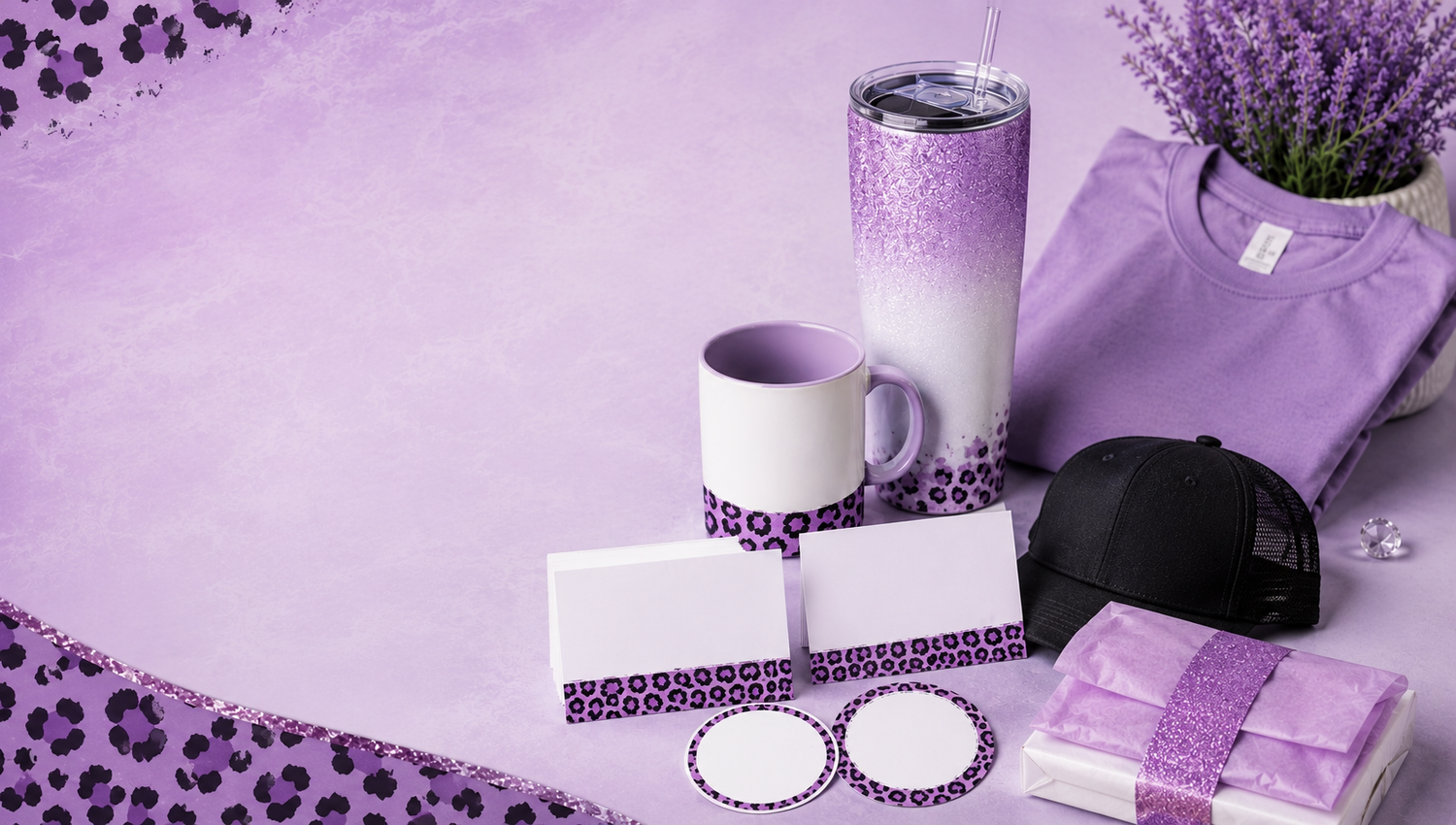 Marie Gems purple cheetah print product mockup banner featuring sublimation tumbler, ceramic mug, graphic apparel, and custom gift products with feminine small business aesthetic