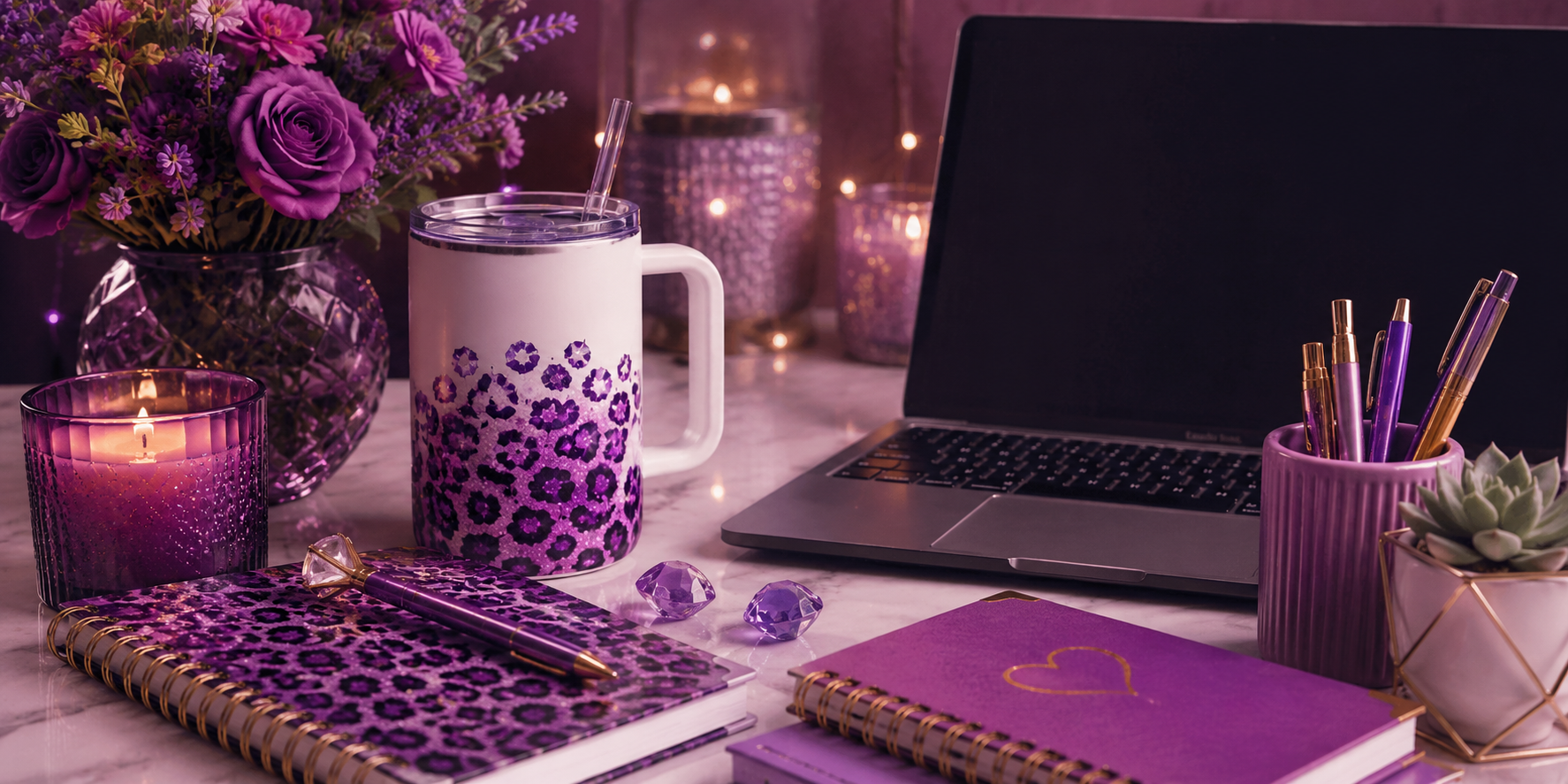Marie Gems purple cheetah print workspace flatlay featuring custom sublimation tumbler, feminine office decor, and cozy small business desk aesthetic for creative entrepreneurs