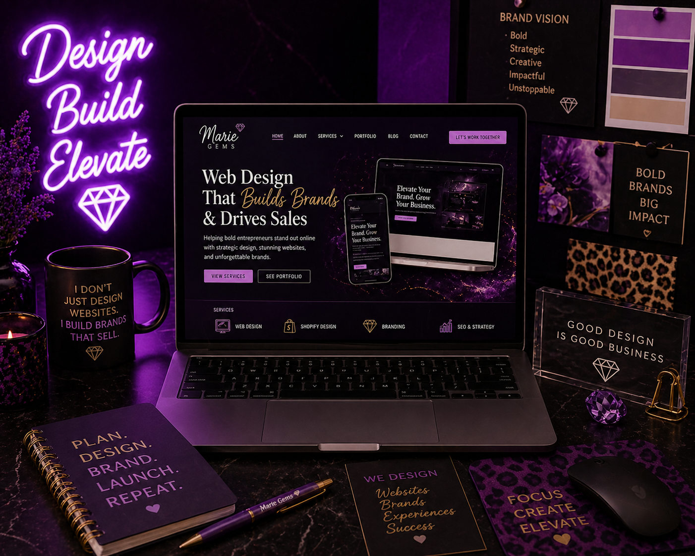 Marie Gems web design and branding services workspace featuring Shopify website design, small business branding inspiration, and signature purple cheetah print aesthetic based in wichita ks