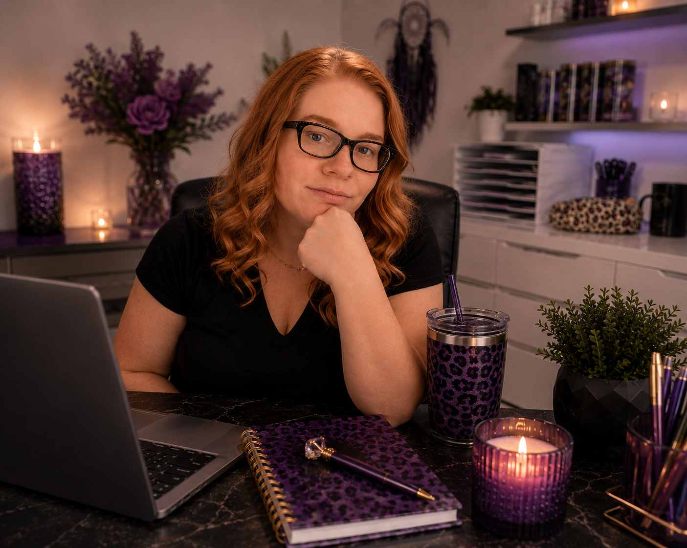 Marie of Marie Gems working in her purple aesthetic small business office with custom sublimation tumbler, branding workspace, and cozy entrepreneur desk setup
