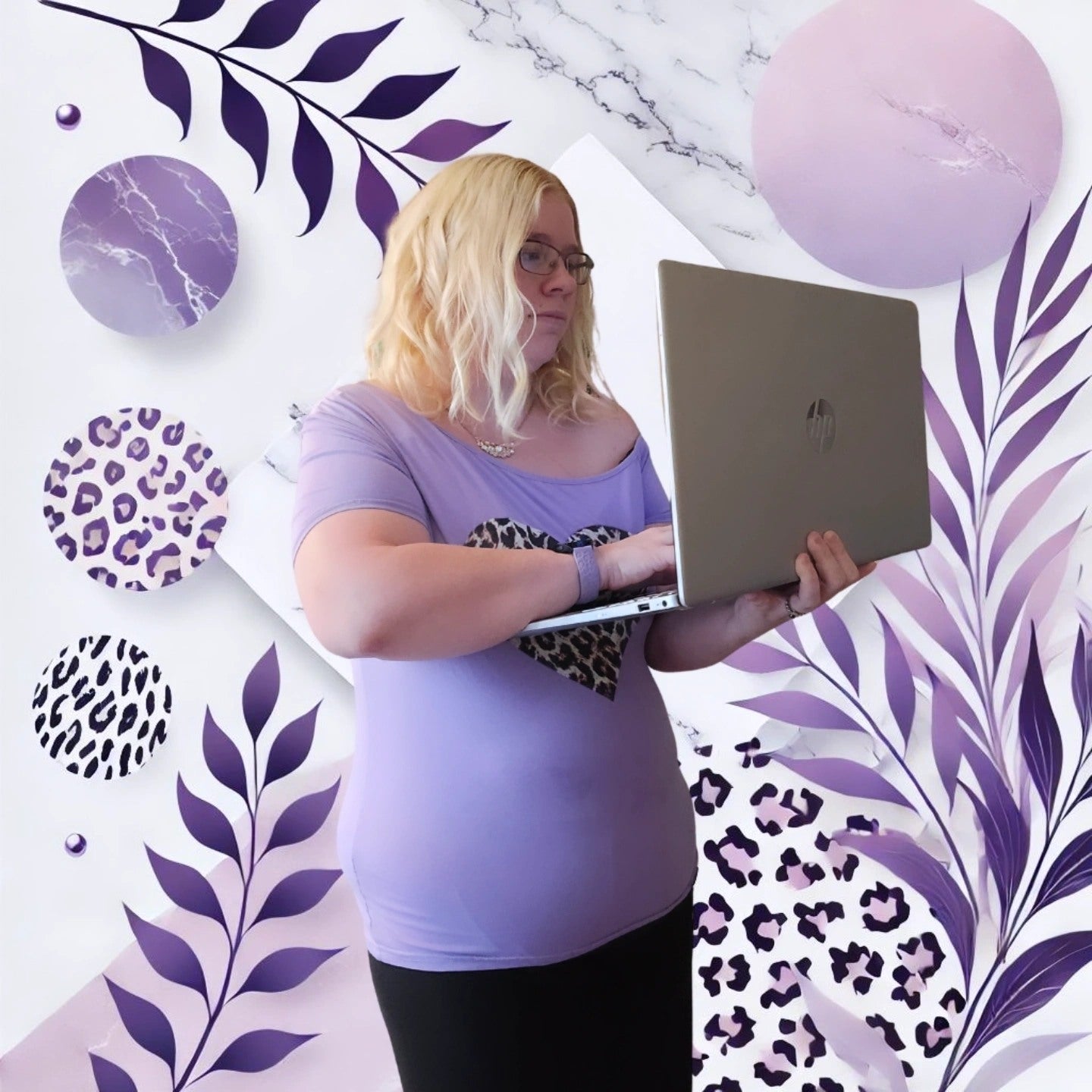 Person holding a laptop with a decorative purple and white background