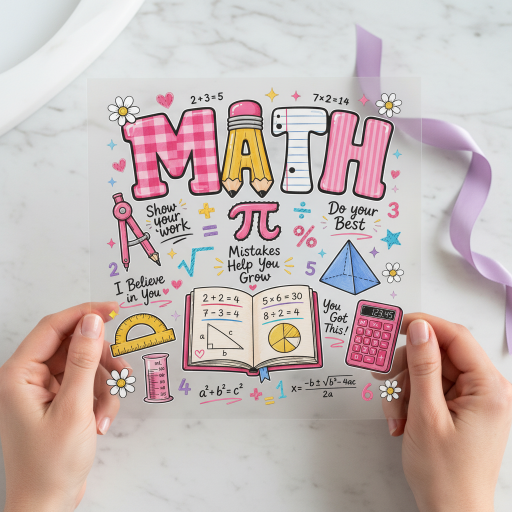 Colorful math teacher 12x12 ready-to-press DTF heat transfer with school supplies