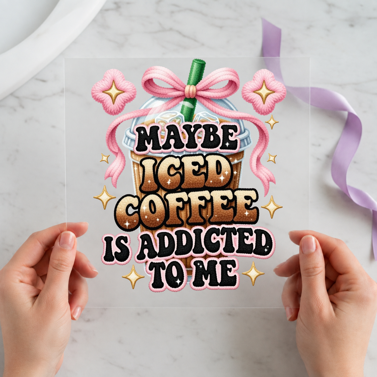 Maybe Iced Coffee Is Addicted individual product photo included in the Coffee Lover Curated Mix 6 five-pack DTF transfer bundle