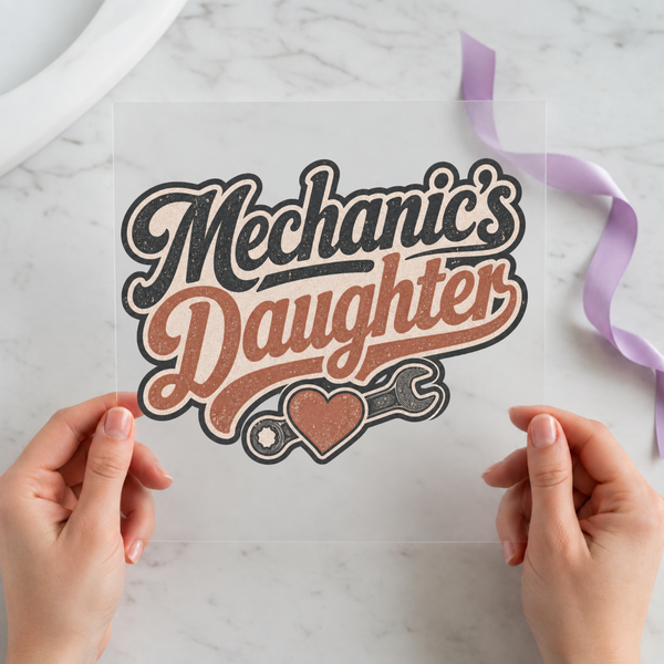 Mechanic's Daughter DTF transfer mockup with garage-styled design for an automotive family gift