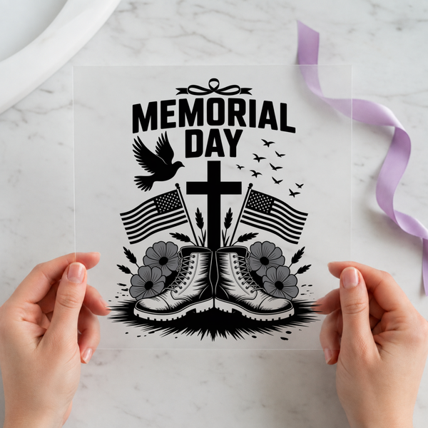 Memorial Day combat boots cross and flags DTF transfer held on clear film