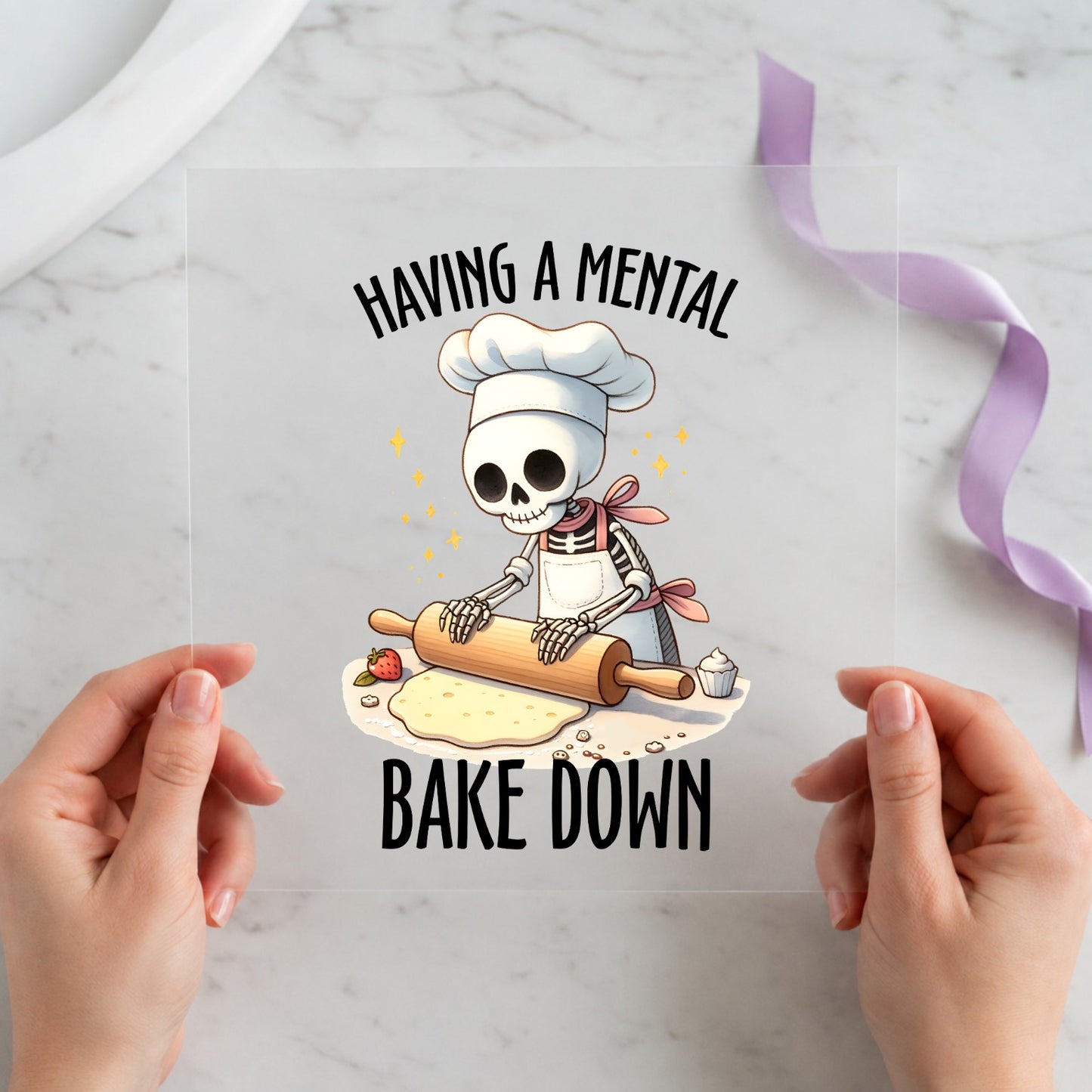 Having a Mental Bake Down cute skeleton baker with rolling pin 12x12 ready-to-press DTF transfer