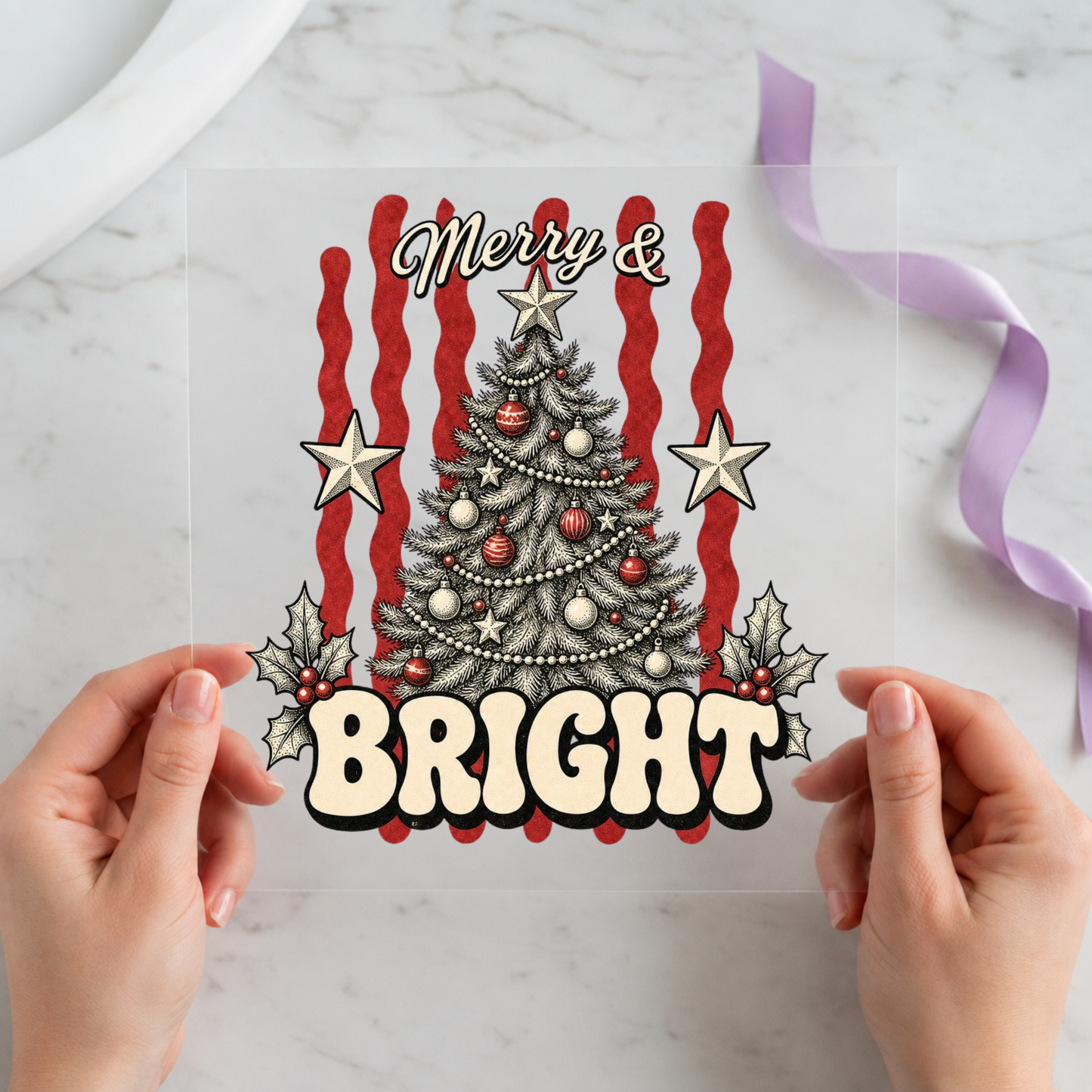 Merry and Bright Christmas Tree individual product photo included in the Retro Christmas five-pack DTF transfer bundle