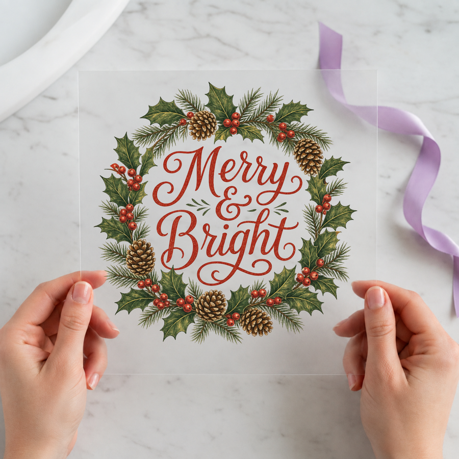 Merry and Bright Wreath Christmas DTF transfer design