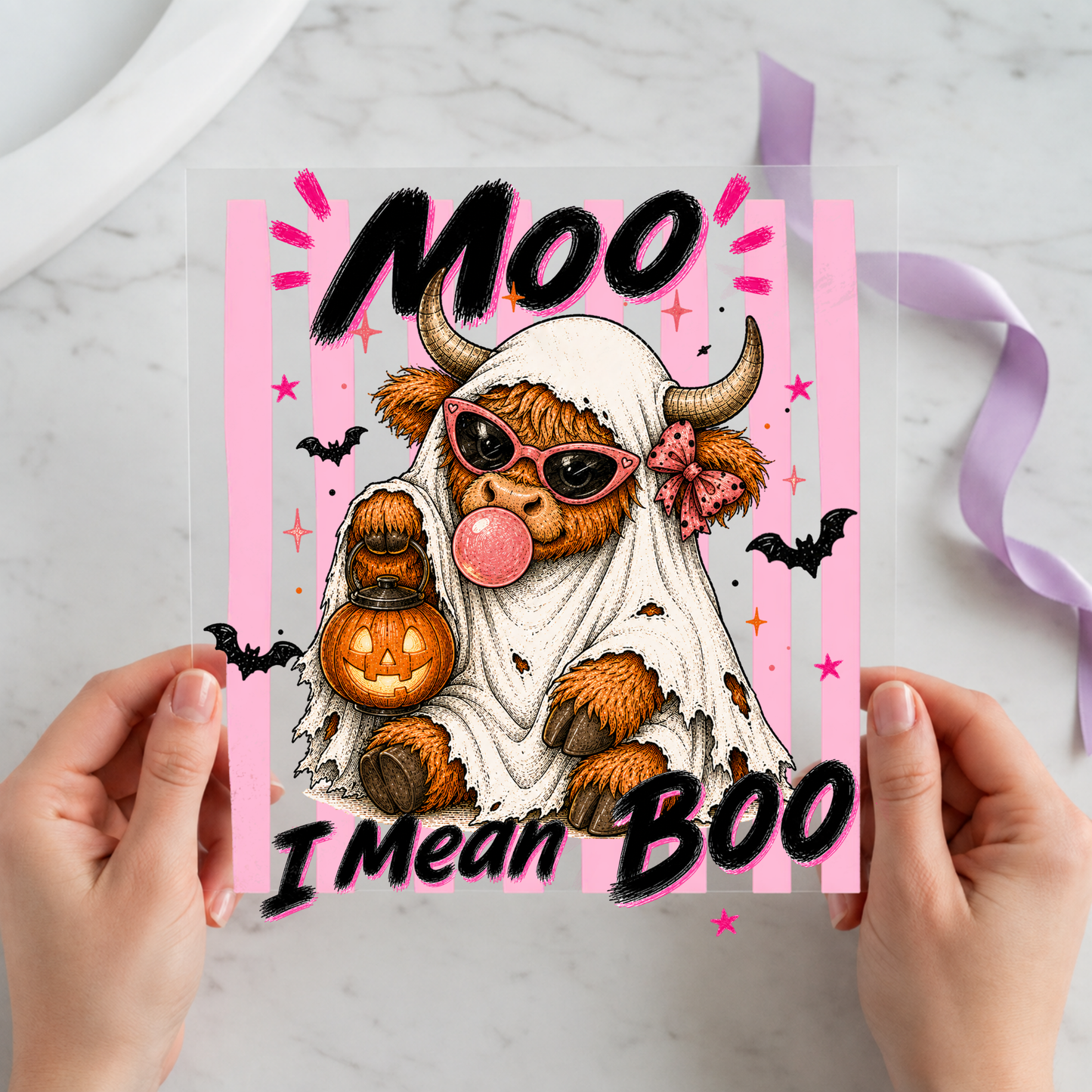 Moo I Mean Boo Highland Cow featuring highland cow in ghost costume wearing sunglasses and blowing bubblegum on a 12x12 ready-to-press DTF heat transfer