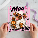 Moo I Mean Boo Highland Cow 12x12 Ready-to-Press DTF Transfer showing highland cow in ghost costume wearing sunglasses and blowing bubblegum