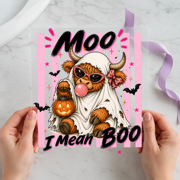 Moo I Mean Boo Highland Cow 12x12 Ready-to-Press DTF Transfer showing highland cow in ghost costume wearing sunglasses and blowing bubblegum