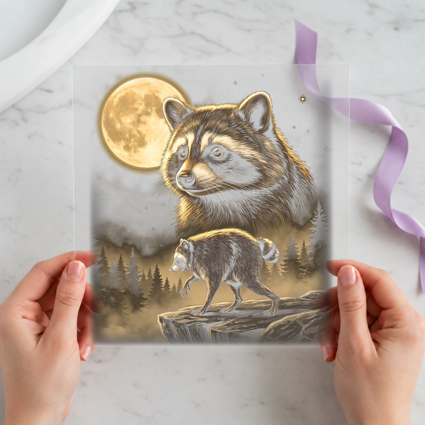 Moonlit Jimothy Raccoon Pair featuring two realistic raccoons beneath a glowing full moon on a 12x12 ready-to-press DTF heat transfer