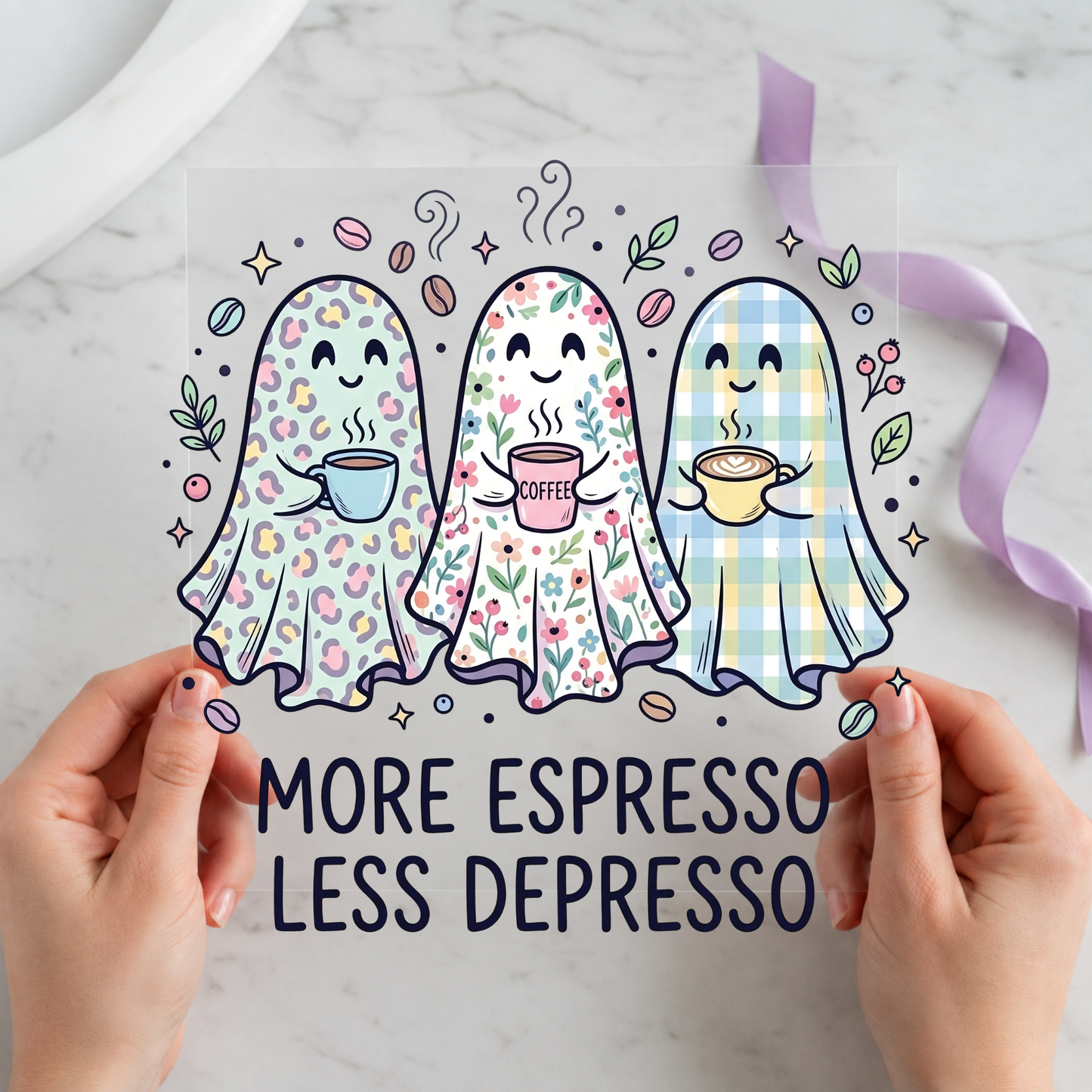 More Espresso Less Depresso Ghosts featuring three patterned ghosts holding coffee beneath funny espresso lettering on a 12x12 ready-to-press DTF heat transfer