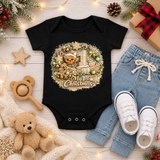 My First Christmas Baby Bodysuit Infant Bodysuit Outfit showing an adorable teddy bear in a Santa hat riding in a decorated Christmas sleigh, surrounded by candy canes, gingerbread