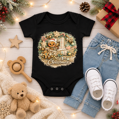 My First Christmas Baby Bodysuit Infant Bodysuit Outfit showing an adorable teddy bear in a Santa hat riding in a decorated Christmas sleigh, surrounded by candy canes, gingerbread