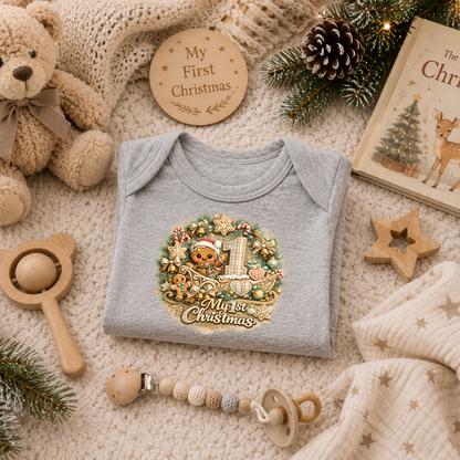 My First Christmas Baby Bodysuit Infant Bodysuit Outfit showing an adorable teddy bear in a Santa hat riding in a decorated Christmas sleigh, surrounded by candy canes, gingerbread