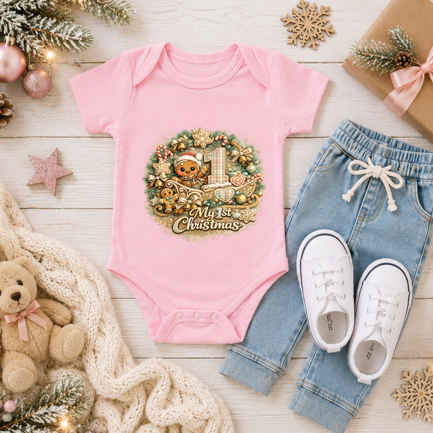 Light Pink My First Christmas baby bodysuit with vintage Christmas teddy bear design displayed with baby accessories.