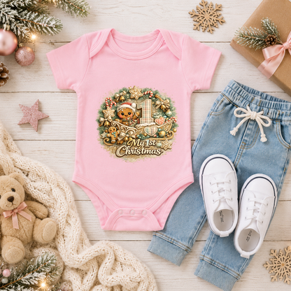 My First Christmas Baby Bodysuit Infant Bodysuit Outfit showing an adorable teddy bear in a Santa hat riding in a decorated Christmas sleigh, surrounded by candy canes, gingerbread