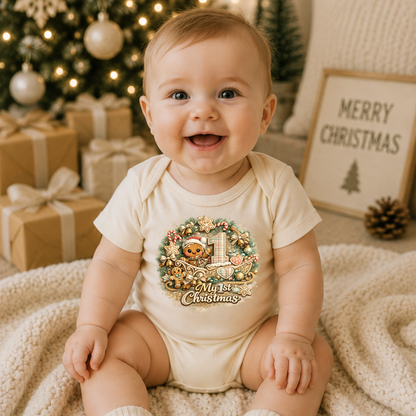My First Christmas Baby Bodysuit Infant Bodysuit Outfit showing an adorable teddy bear in a Santa hat riding in a decorated Christmas sleigh, surrounded by candy canes, gingerbread