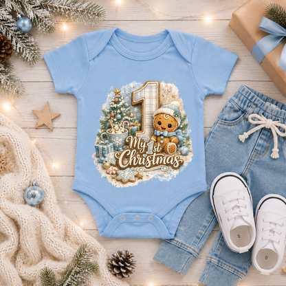 My First Christmas Baby Boy Bodysuit Infant Bodysuit Outfit showing my first christmas baby boy bodysuit artwork with rabbit skins 4400 infant bodysuit, first christmas gift for