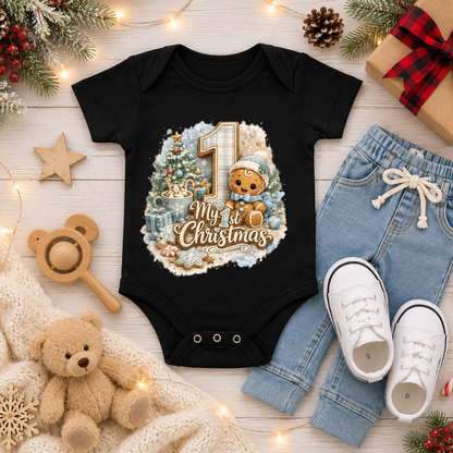 My First Christmas Baby Boy Bodysuit Infant Bodysuit Outfit showing my first christmas baby boy bodysuit artwork with rabbit skins 4400 infant bodysuit, first christmas gift for