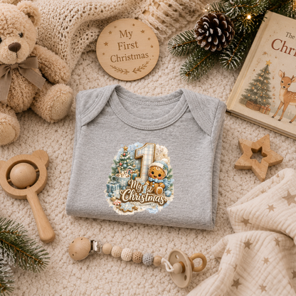 My First Christmas Baby Boy Bodysuit Infant Bodysuit Outfit showing my first christmas baby boy bodysuit artwork with rabbit skins 4400 infant bodysuit, first christmas gift for