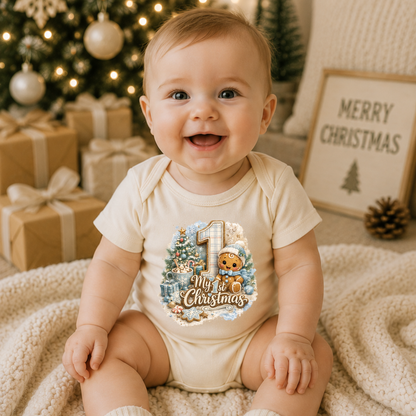 My First Christmas Baby Boy Bodysuit Infant Bodysuit Outfit showing my first christmas baby boy bodysuit artwork with rabbit skins 4400 infant bodysuit, first christmas gift for