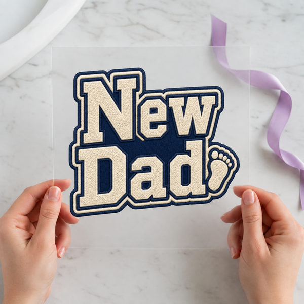 New Dad DTF transfer mockup with varsity patch design for a new baby gift