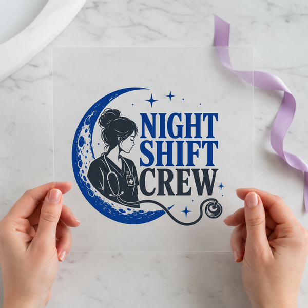 Night Shift Crew DTF transfer mockup with nurse and moon design for a nurse gift