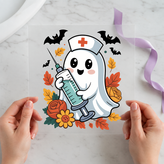 Nurse Ghost Halloween individual product photo included in the Spooky Teacher & Nurse five-pack DTF transfer bundle