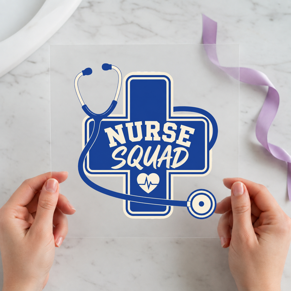 Nurse Squad DTF transfer mockup with varsity lettering design for a nurse team gift