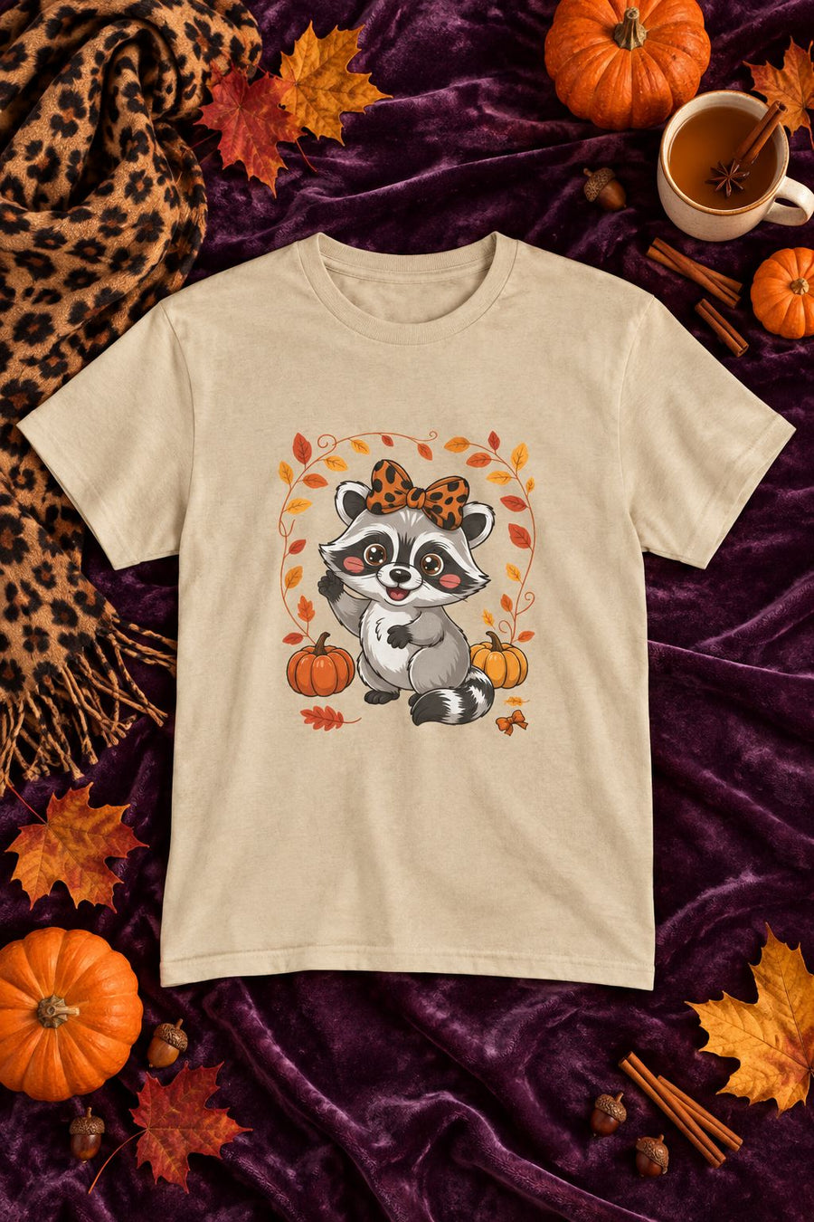 Cute Fall Raccoon t-shirt in sand with leopard bow raccoon graphic, styled flat lay with pumpkins, maple leaves, cinnamon sticks and a cheetah print scarf