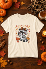 Cute Fall Raccoon t-shirt in natural with leopard bow raccoon graphic, styled flat lay with pumpkins, maple leaves, cinnamon sticks and a cheetah print scarf