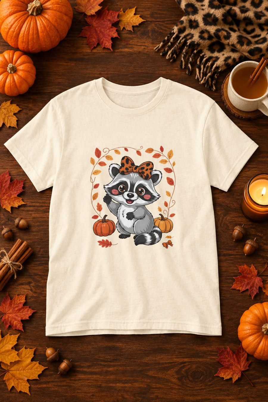 Cute Fall Raccoon t-shirt in natural with leopard bow raccoon graphic, styled flat lay with pumpkins, maple leaves, cinnamon sticks and a cheetah print scarf