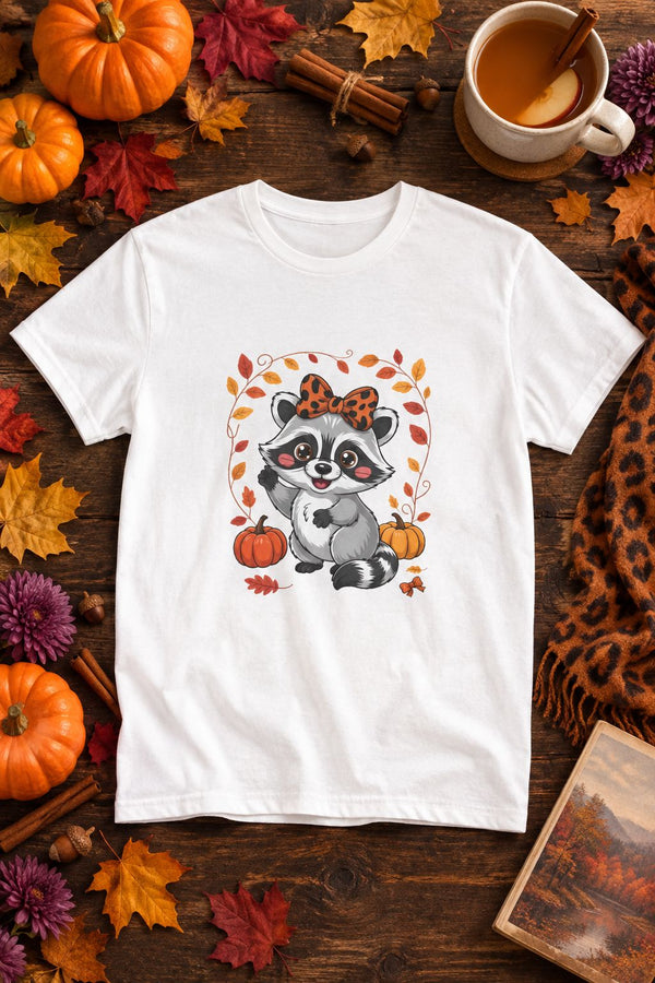 Cute Fall Raccoon t-shirt in white with leopard bow raccoon graphic, styled flat lay with pumpkins, maple leaves, cinnamon sticks and a cheetah print scarf