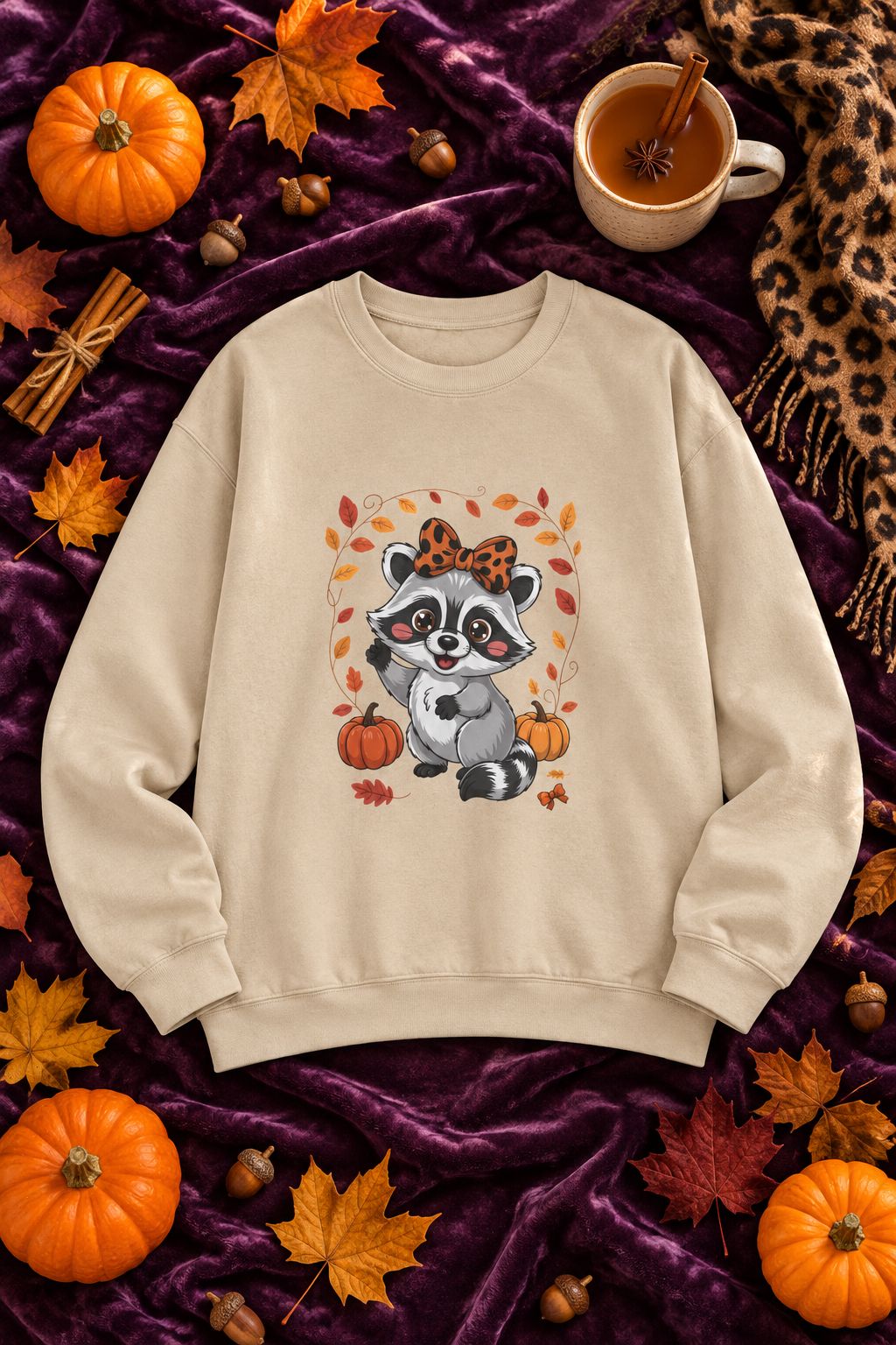Cute Fall Raccoon crewneck sweatshirt in sand with leopard bow raccoon graphic, styled flat lay with pumpkins, maple leaves, cinnamon sticks and a cheetah print scarf