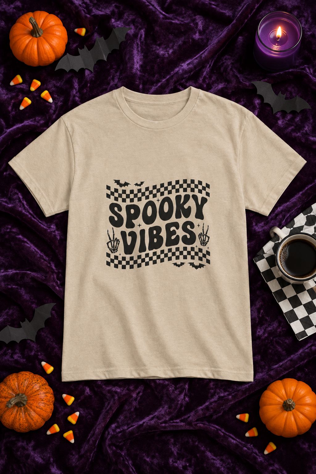 Spooky Vibes Retro Checkerboard t-shirt in sand with checkerboard Spooky Vibes graphic, styled flat lay with pumpkins, candy corn, bats and a purple candle
