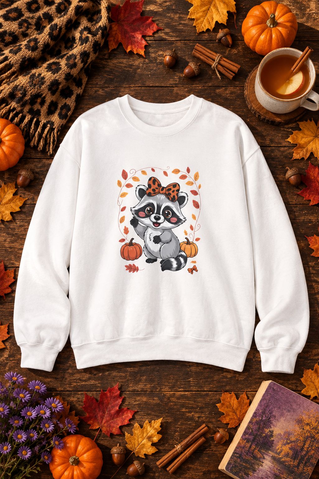Cute Fall Raccoon crewneck sweatshirt in white with leopard bow raccoon graphic, styled flat lay with pumpkins, maple leaves, cinnamon sticks and a cheetah print scarf