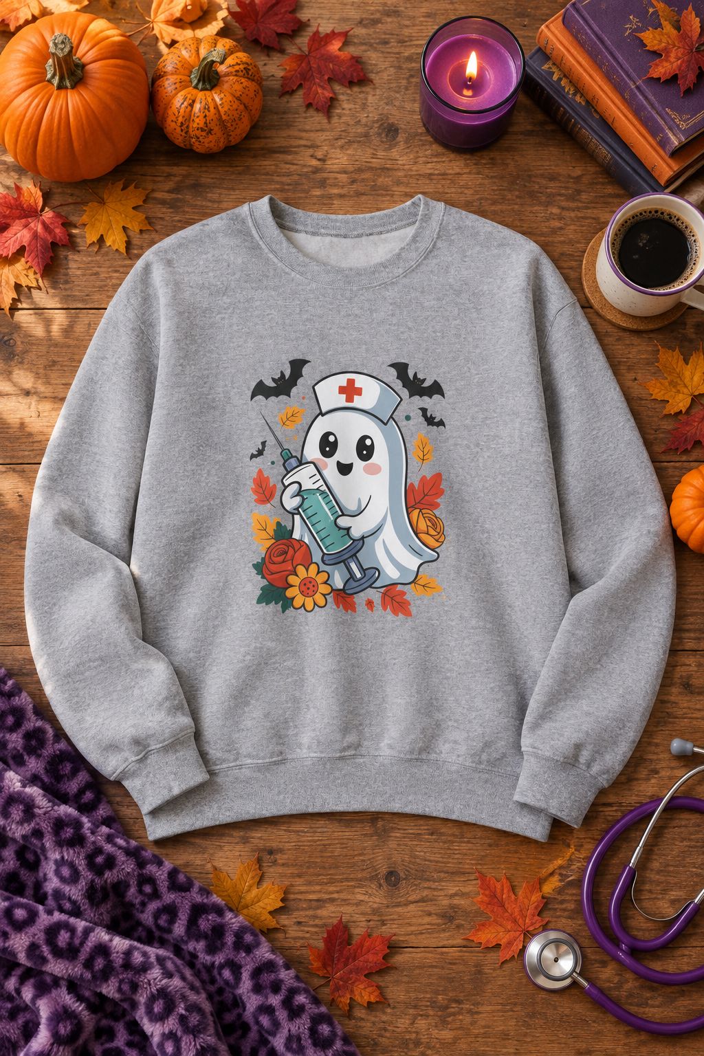Nurse Ghost Halloween crewneck sweatshirt in sport grey with cute nurse ghost graphic, styled flat lay with pumpkins, a purple candle, books and a stethoscope