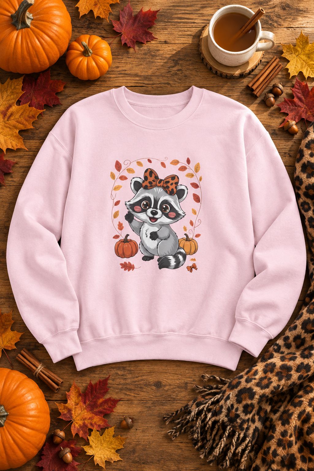 Cute Fall Raccoon crewneck sweatshirt in light pink with leopard bow raccoon graphic, styled flat lay with pumpkins, maple leaves, cinnamon sticks and a cheetah print scarf