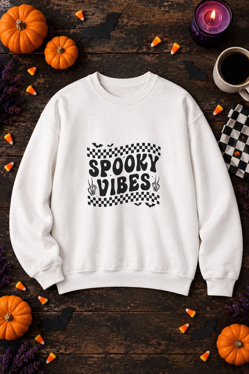 Spooky Vibes Retro Checkerboard crewneck sweatshirt in white with checkerboard Spooky Vibes graphic, styled flat lay with pumpkins, candy corn, bats and a purple candle